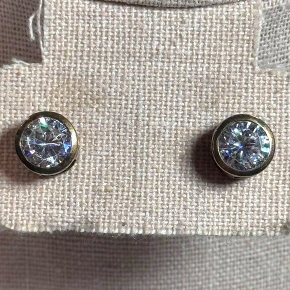 Vintage CC Sterling Silver Round CZ Stud Earring Bezel Setting Post Gold Vermeil - Picture 1 of 6